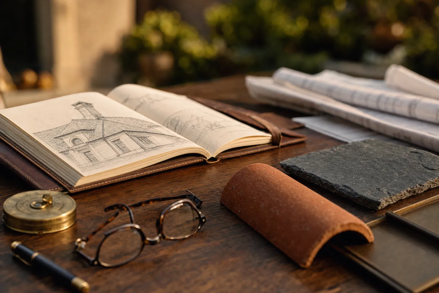 Leather notebook with roof sketches and material samples